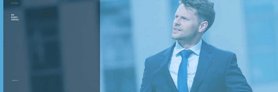 Confident Businessman with Blue Finance Theme and Creative Text Overlay