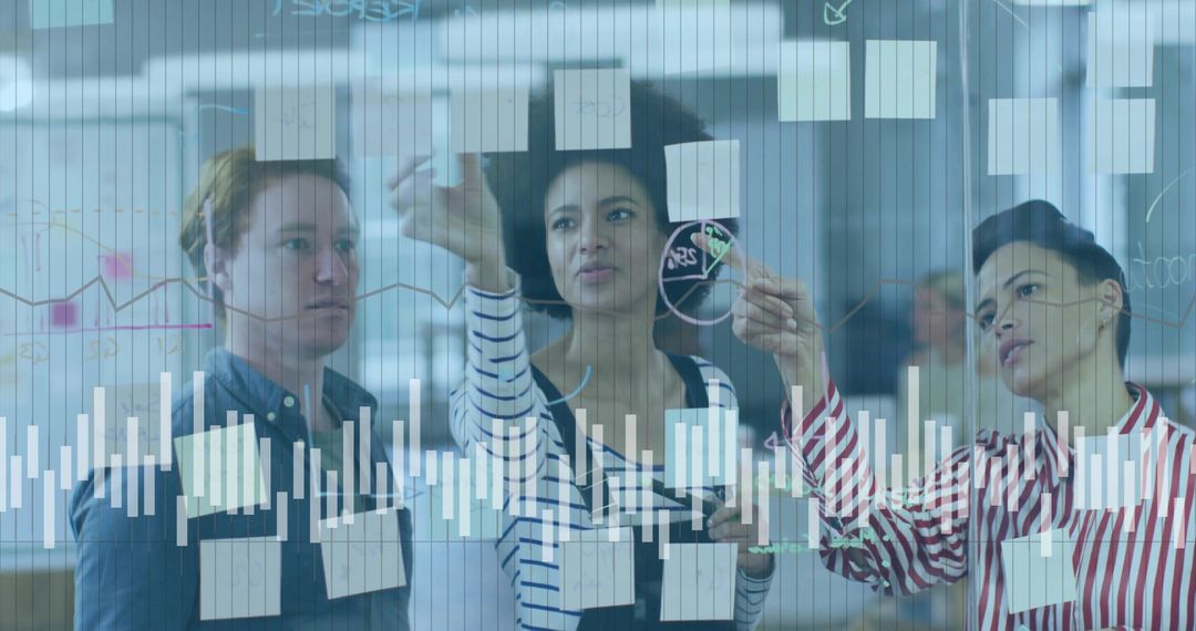 Team Brainstorming Ideas with Data Insights on Glass Board