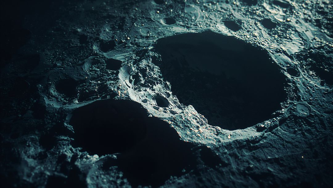 Jagged Impact Crater on Lunar Surface Lighting Highlighted Details
