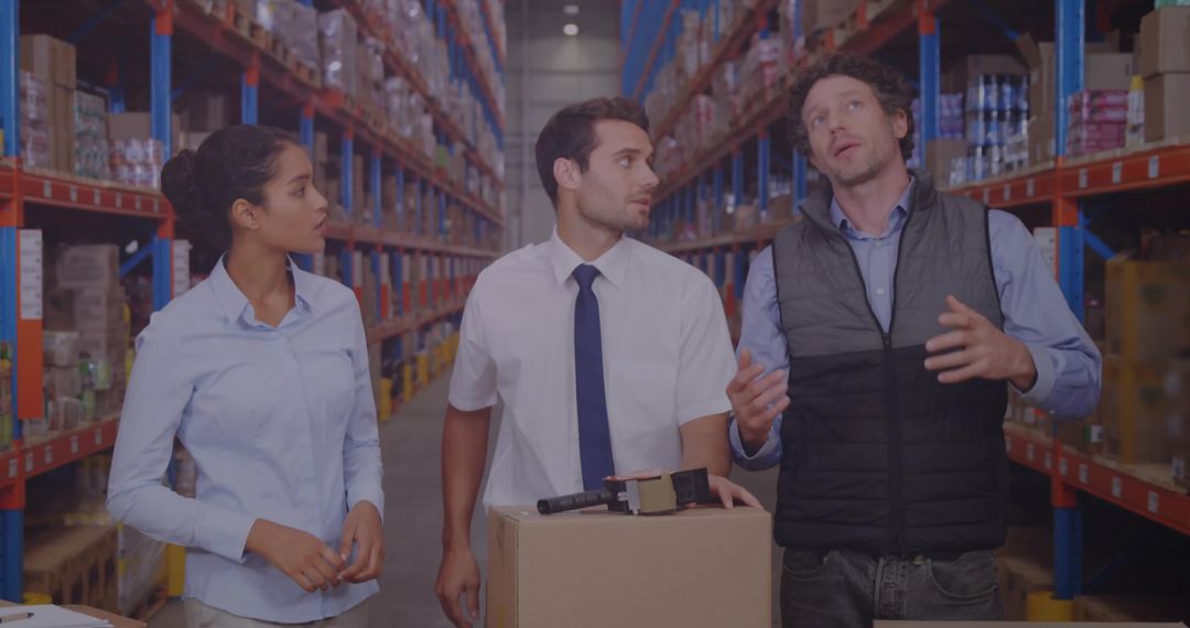 Warehouse Team Collaborating on Efficient Product Labeling