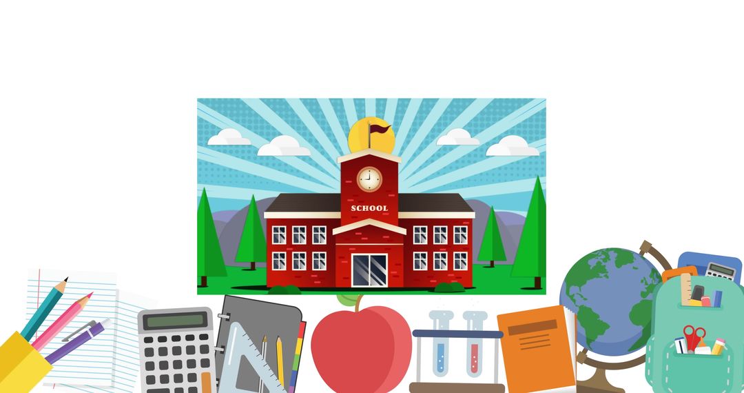 Colorful School Building Surrounded by Education Icons for Learning Themes