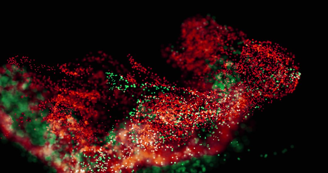 Glowing Particle Waves in Red and Green on Dark Background