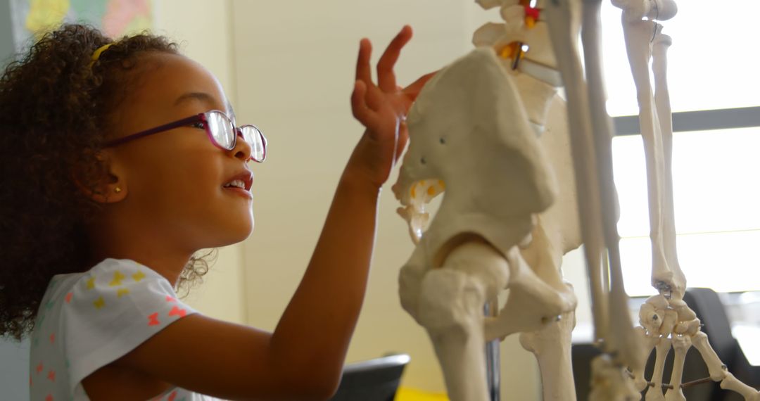 Curious African American Girl Exploring Human Skeleton in Classroom