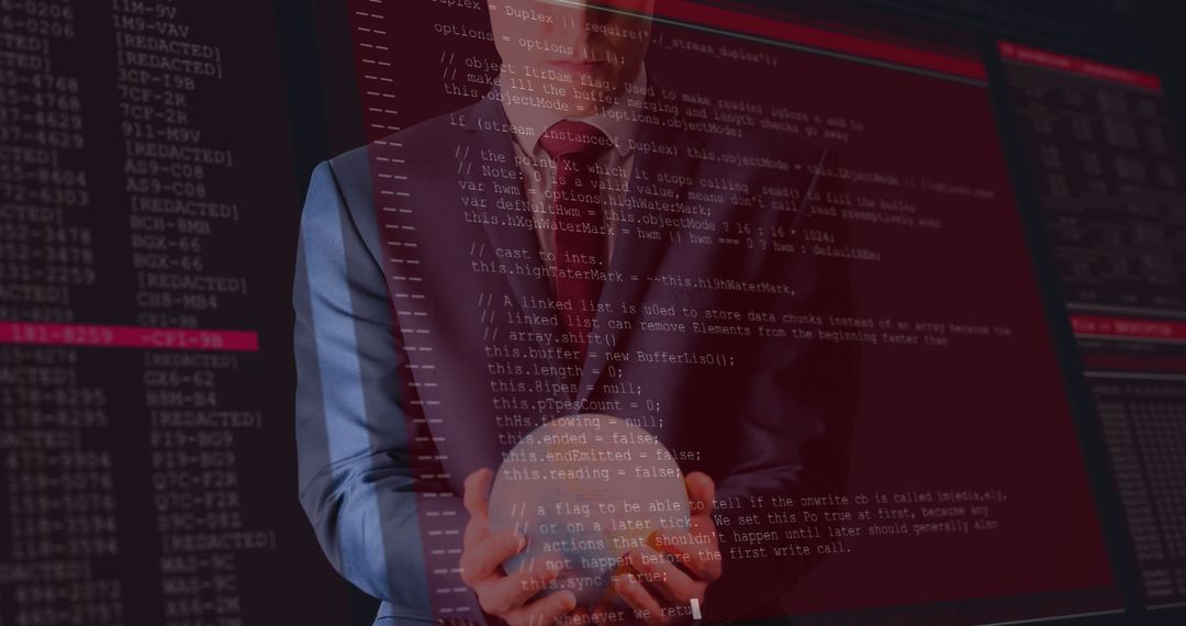 Businessman Holding Globe With Digital Interface and Code Overlay