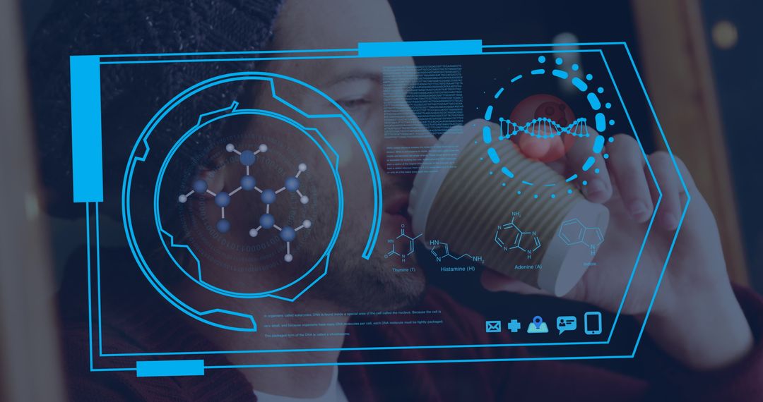 Digital Interface Overlay with Chemical Formula and Man Drinking Coffee