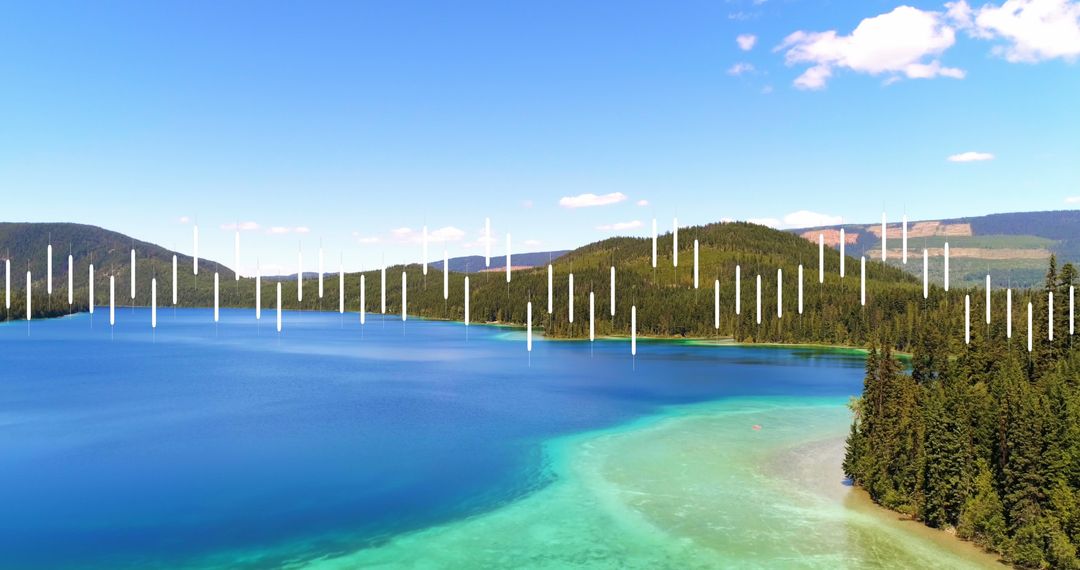 Idyllic Mountain Lake with Abstract Data Overlay