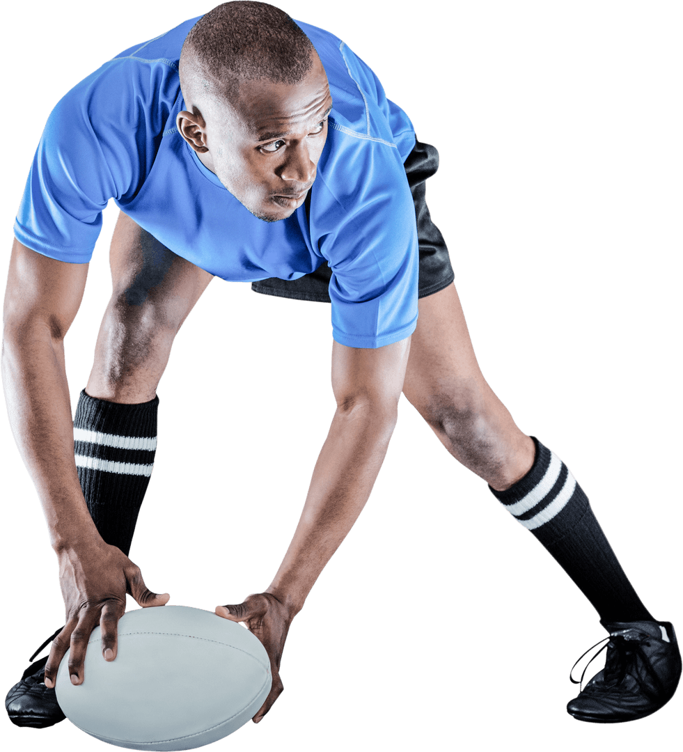 Dynamic Rugby Player Holding Ball on Transparent Background