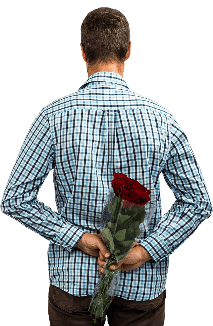 Transparent Rear View Man Hiding Red Roses Surprise
