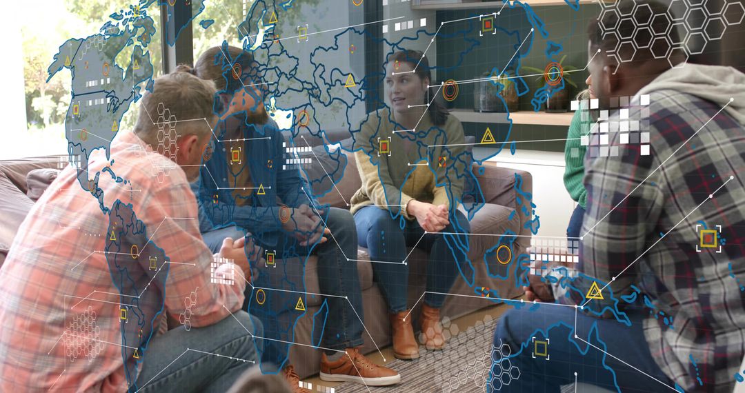 Cross-functional Team Collaborating Over Augmented Global Data Map in Casual Office Lounge