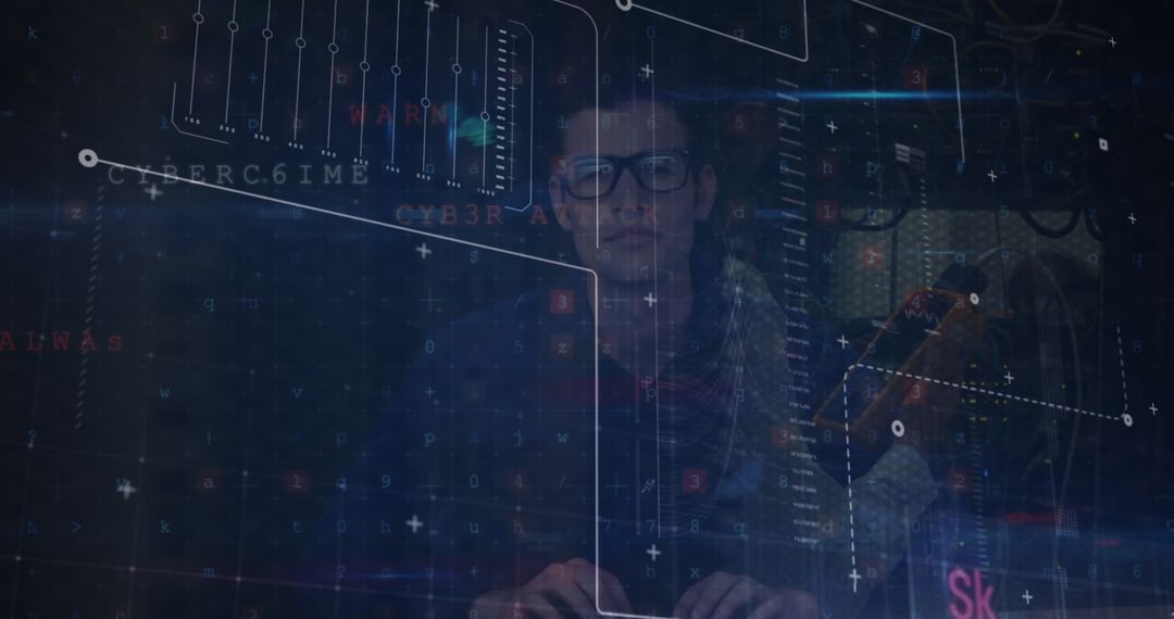 IT Specialist Analyzing Code in Cybersecurity Hub with Server Racks