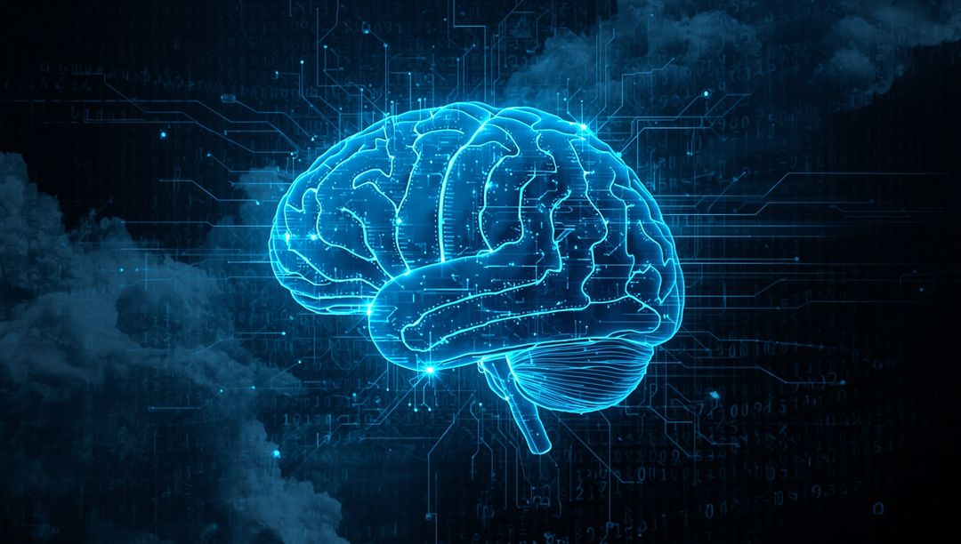 Glowing Digital Brain Hologram Surrounded by Cybernetic Circuitry