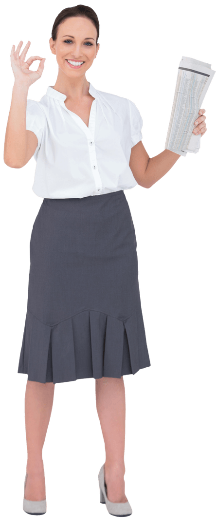 Confident Businesswoman with Newspaper Making OK Gesture Transparent Background