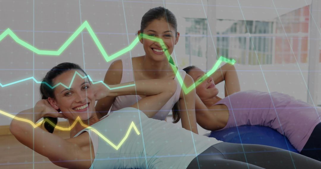 Women Exercising with Fitness Graph Overlay in Gym Studio