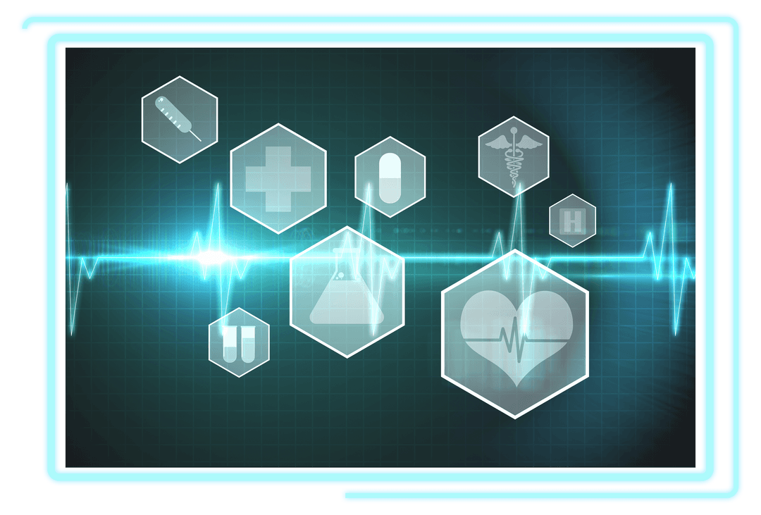 Transparent Medical Symbols in Hexagons with ECG Line