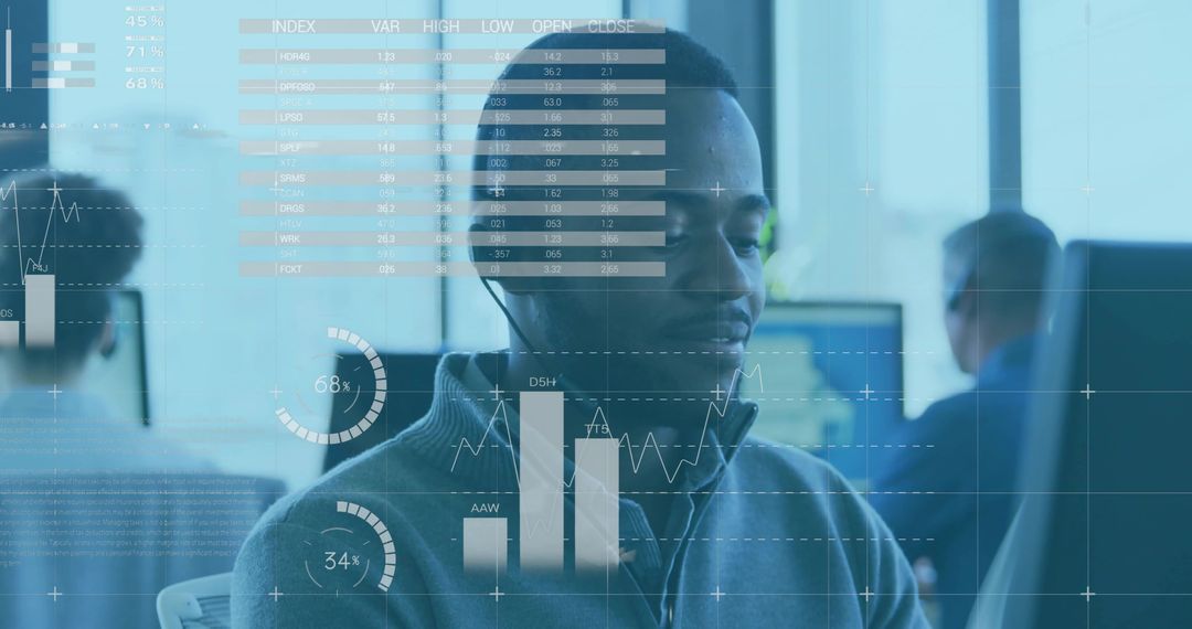 Tech Analyst Wearing Earpiece Scanning Monitor with Augmented Data Dashboards in Open Office