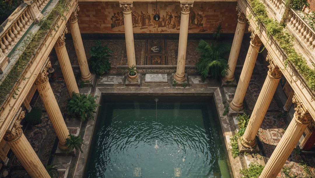 Sunlit Classical Courtyard Featuring Reflecting Pool, Corinthian Columns, Mosaic Details