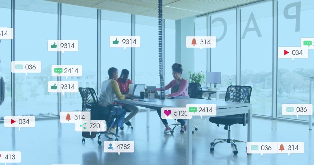 Business Team Analyzing Reports with Social Media Notifications