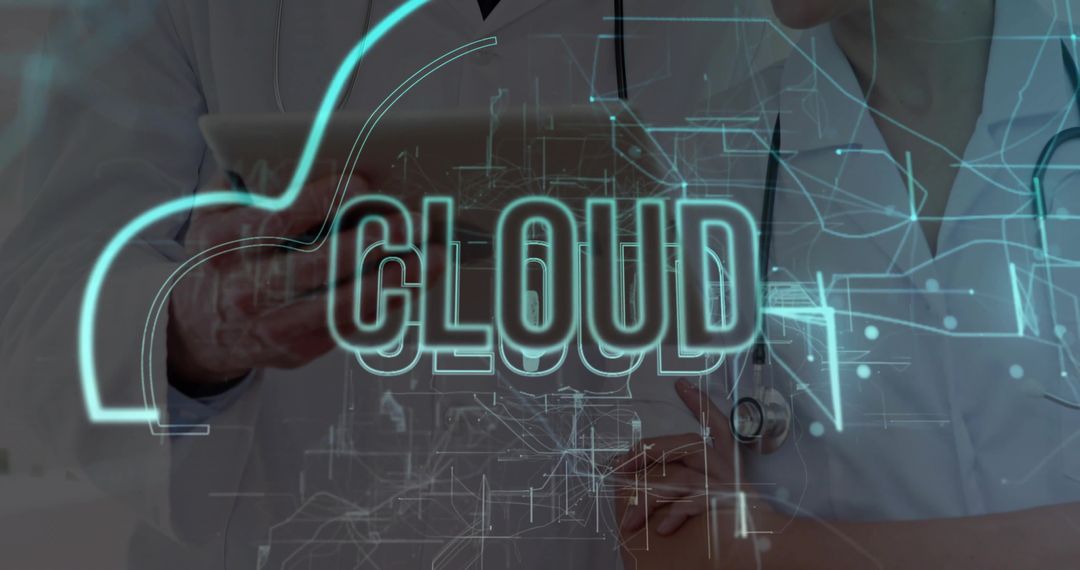 Healthcare Professionals Exploring Cloud Technology with Holographic Interface