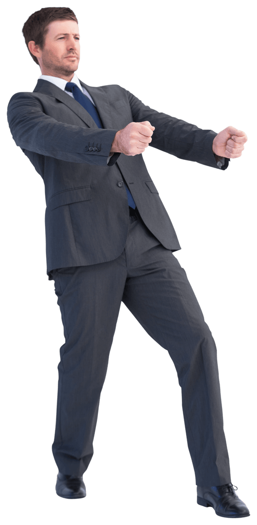 Transparent Businessman Pulling Gesture in Gray Suit