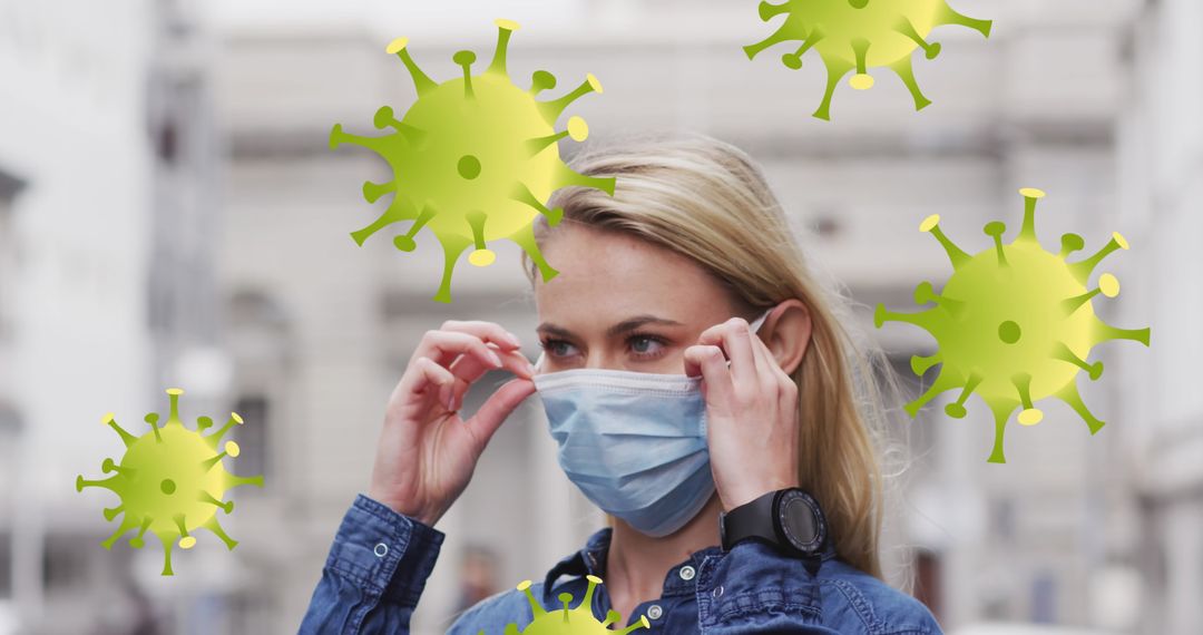 Woman Wearing Face Mask with Floating Virus Illustrations