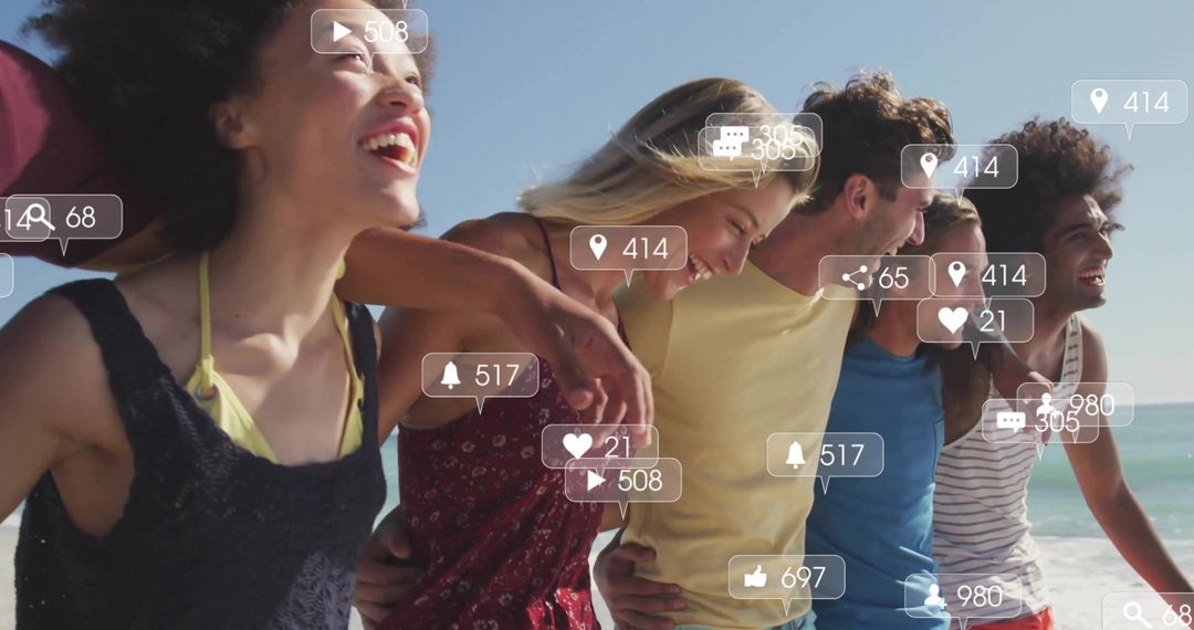 Friends Enjoying Beach Walk with Social Media Connections