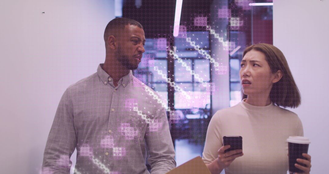 Diverse Business Professionals Walking with Digital DNA Overlay