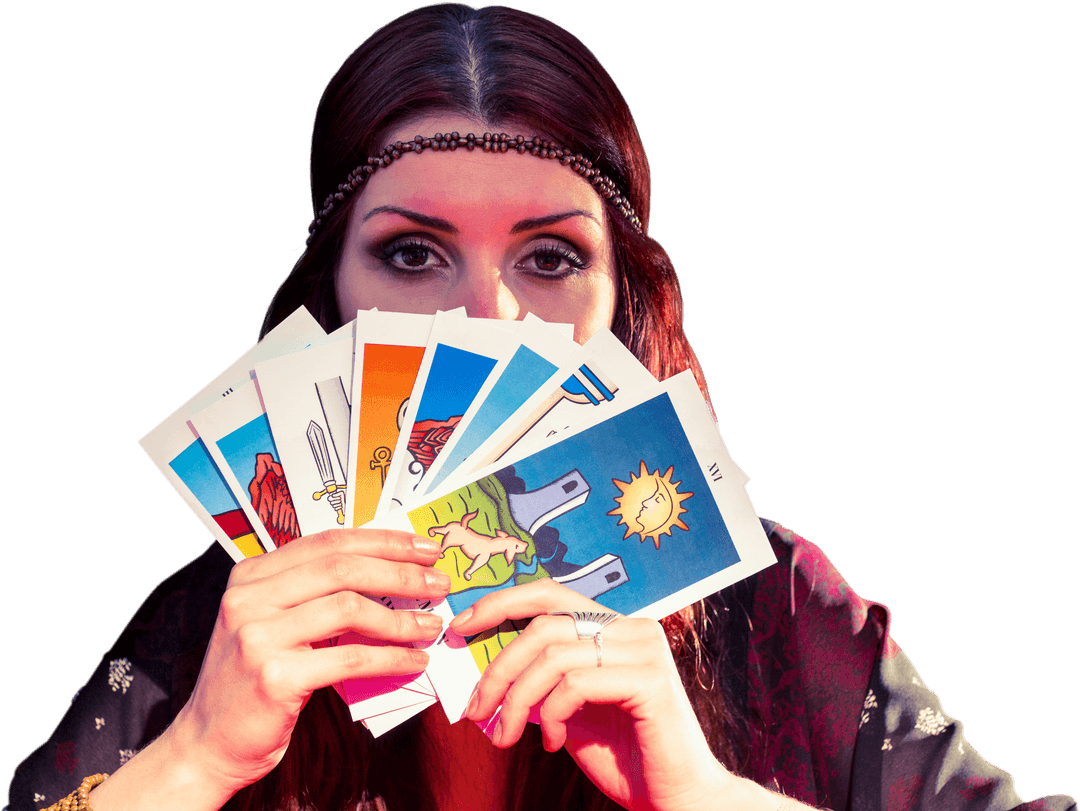 Mysterious Fortune Teller Holding Transparent Tarot Cards