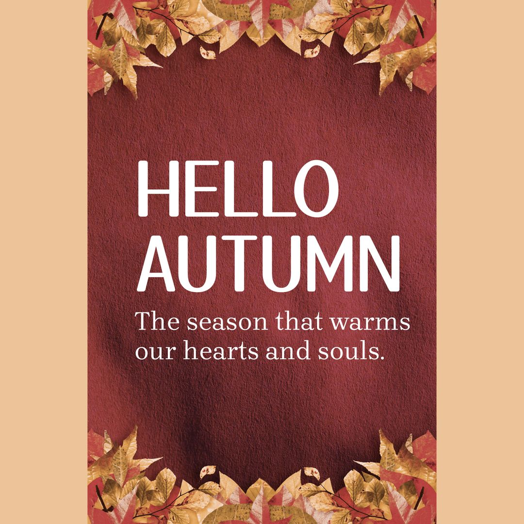 Hello Autumn Text with Leaves and Brown Background