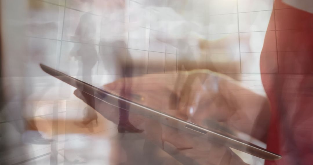 Futuristic Business Technology Collaboration in Office Lobby