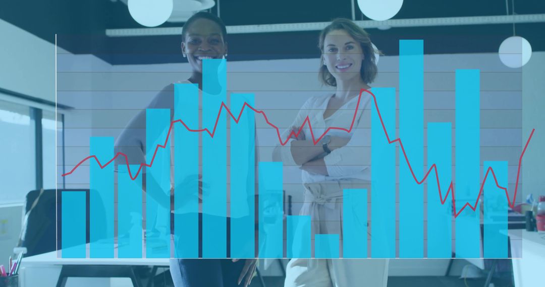 Businesswomen presenting analytics dashboard with bar chart overlay in open office
