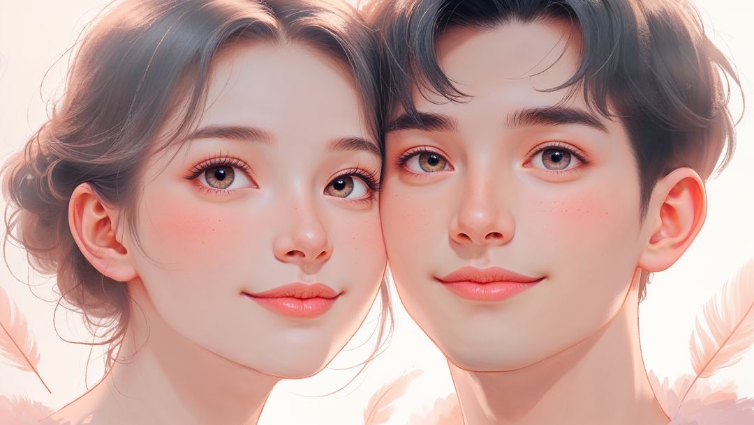 Ethereal cute couple with drifting feathers in studio session