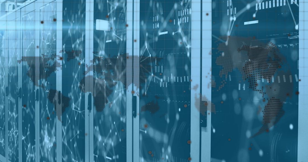 World Map Overlay on Technology Server Room with Network Connections