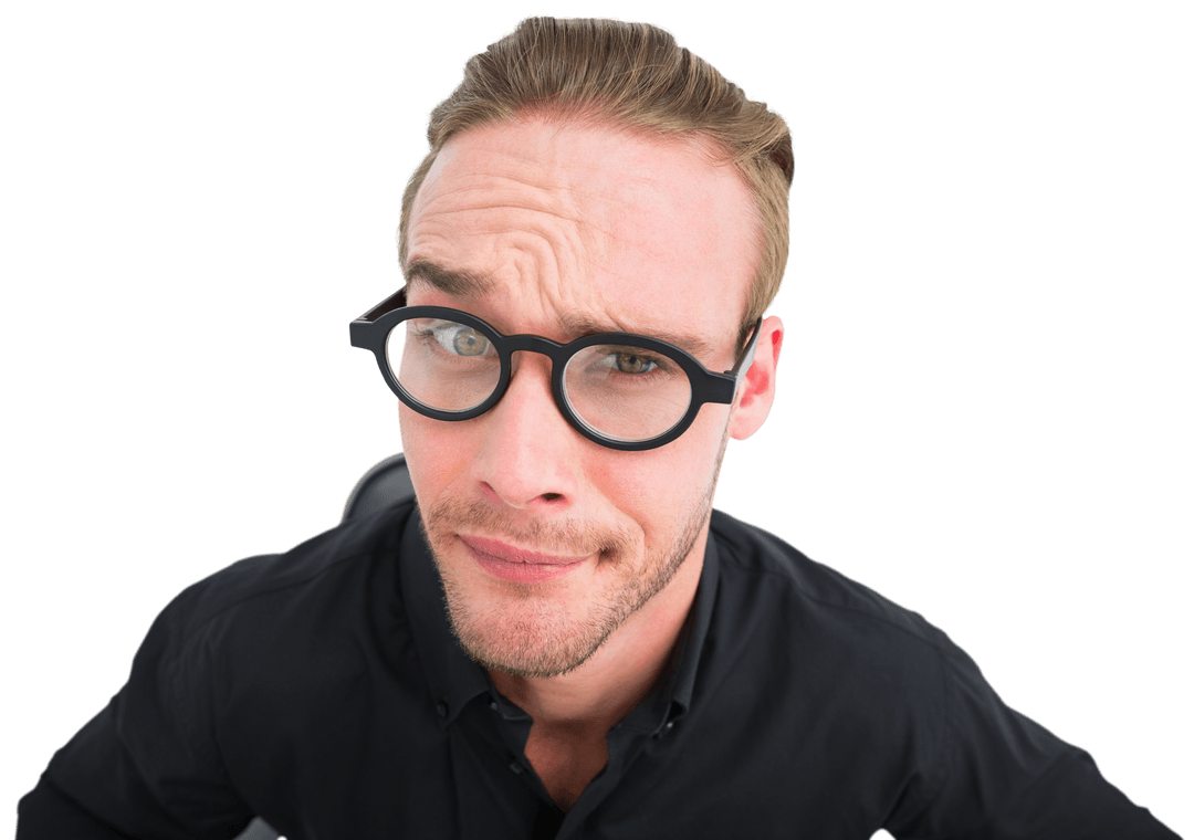 Blonde Man in Glasses Raising Eyebrow Transparent Expression