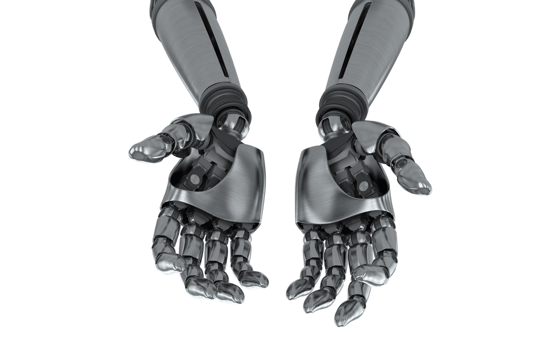 Metallic Robotic Hands Offering Gesture on Transparent Background