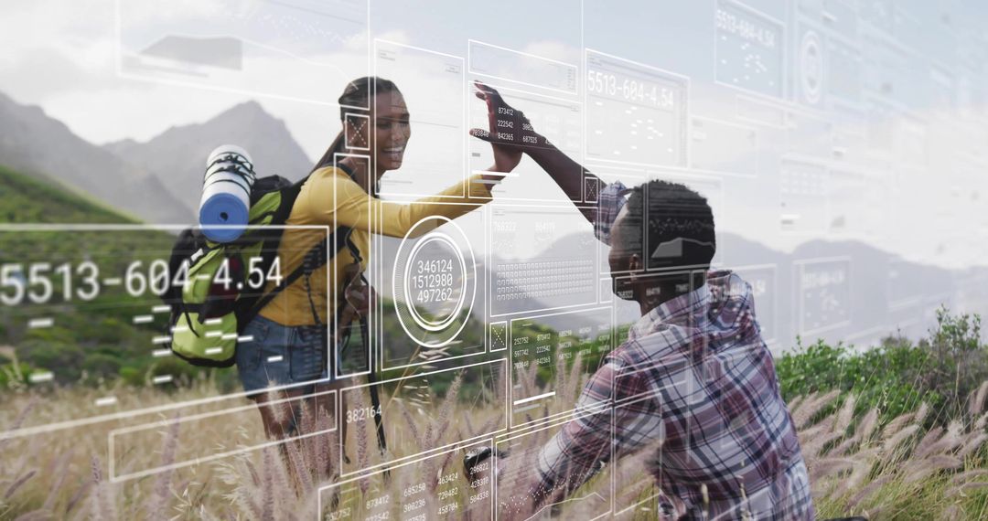 Young Hikers with HUD Elements Highlighting Adventure in Nature