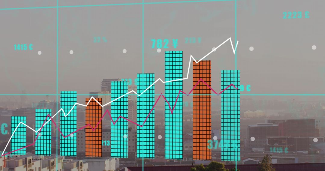 Futuristic Data Visualization Over Urban Cityscape Skyline