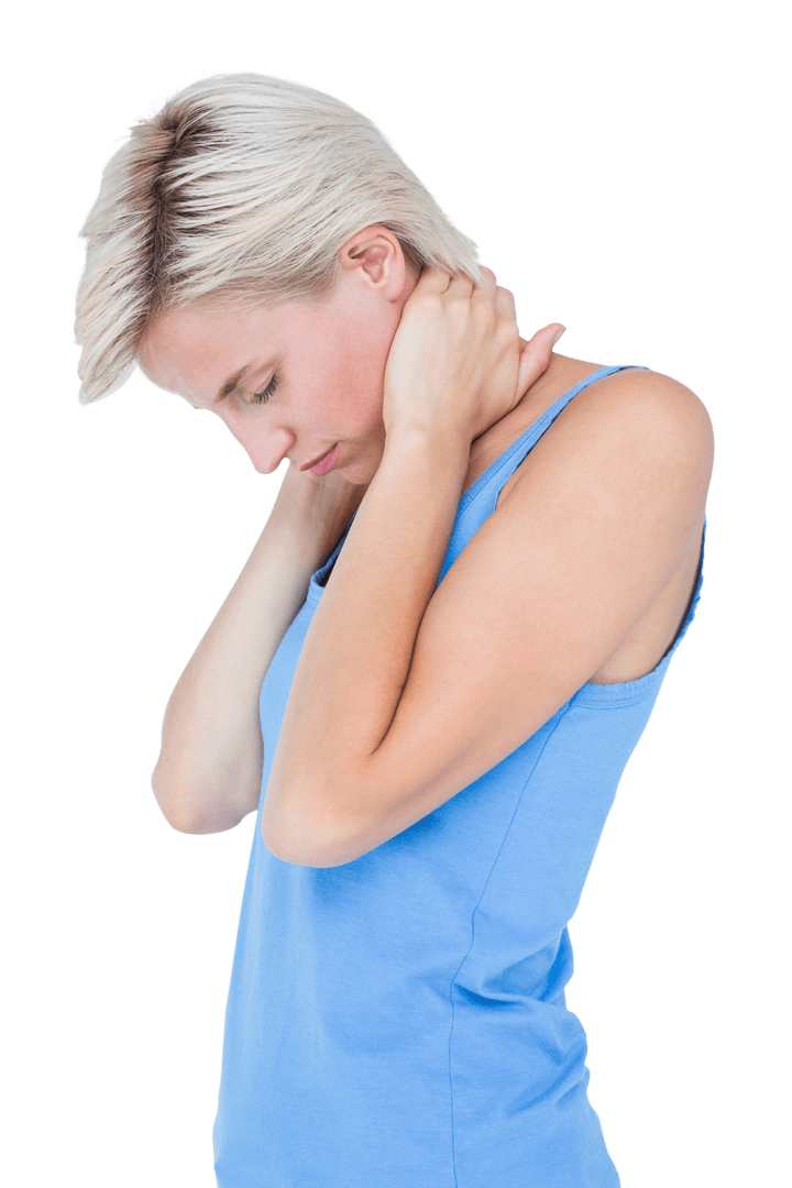 Woman Suffering from Neck Pain on Transparent Background