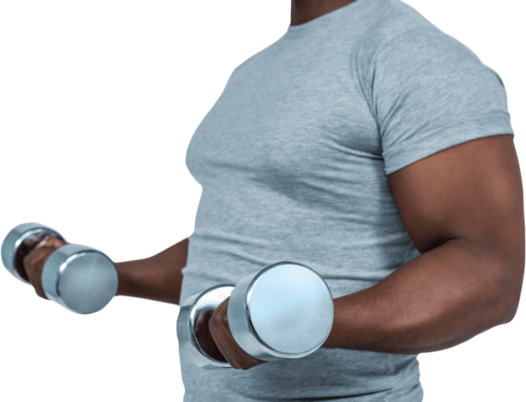 Fit Man Demonstrating Transparent Dumbbell Workout Routine