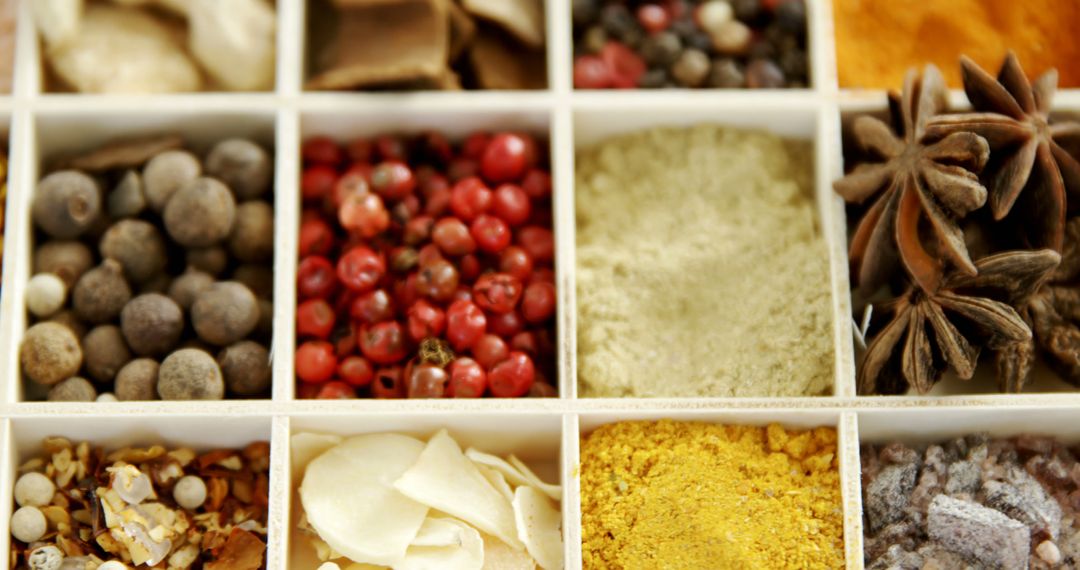 Assorted Spices in Wooden Box Compartments - Free Images, Stock Photos and Pictures on Pikwizard.com