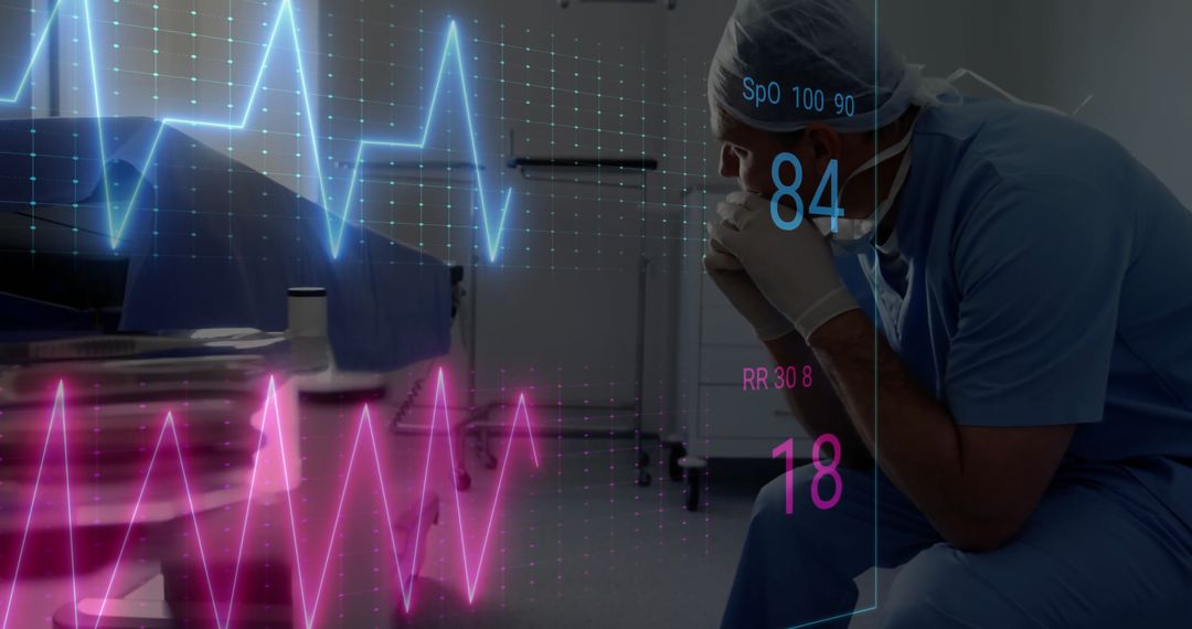 Exhausted Doctor with Heart Rate Monitor Interface