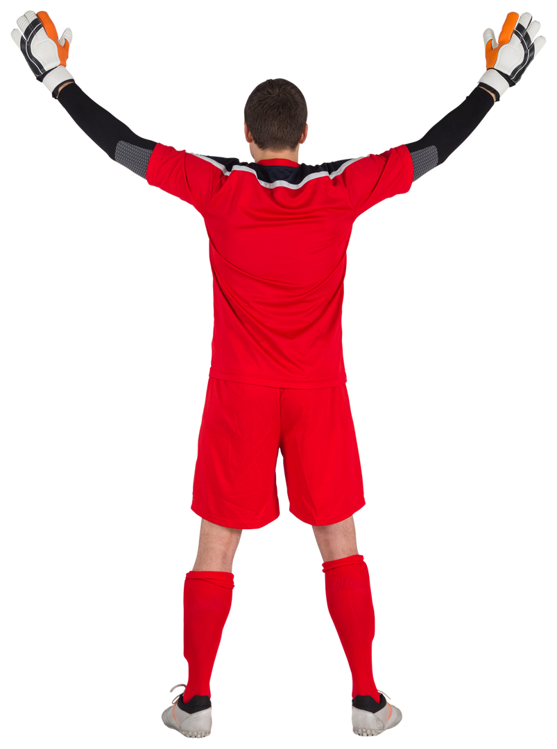 Transparent rear view of goalkeeper wearing red uniform, raising arms - Download Free Stock Images Pikwizard.com