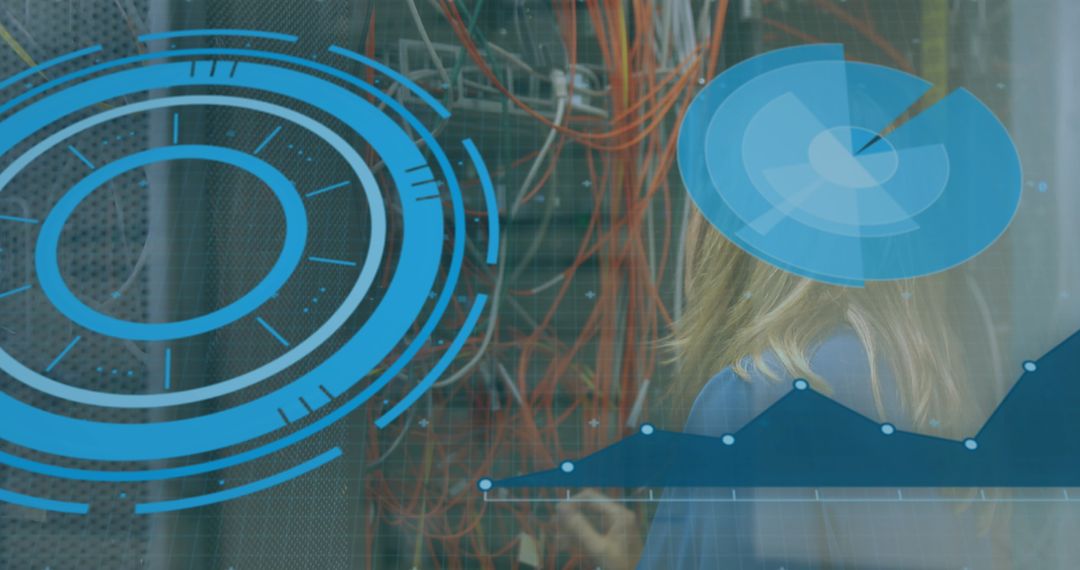 Woman in Data Center with Digital Interface Elements Overlay