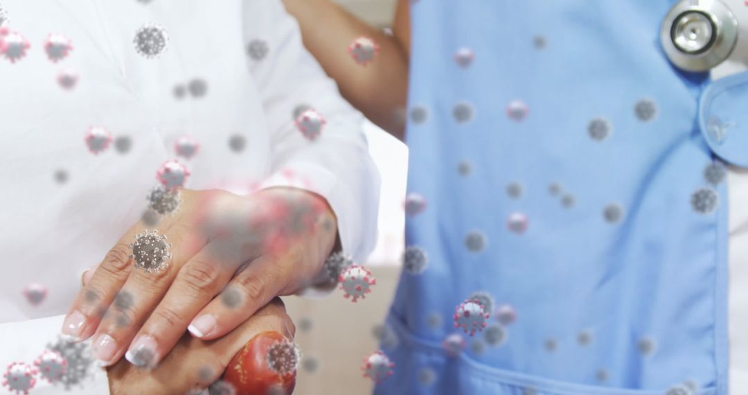 Healthcare Worker Comforting Patient Amidst Floating Virus Particles