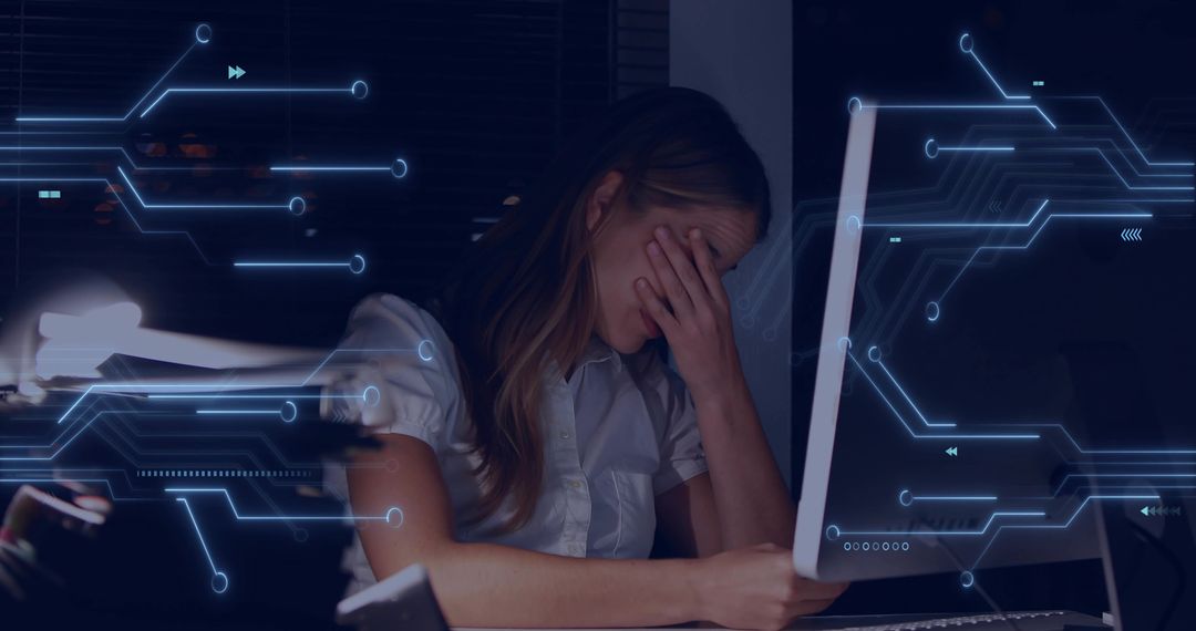 Distressed Woman Working Late with Digital Interface