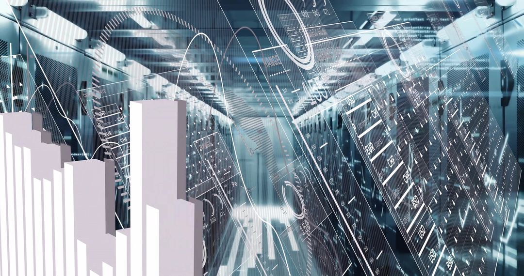 Futuristic Data Center Corridor with Flowing Digital Line Graphs