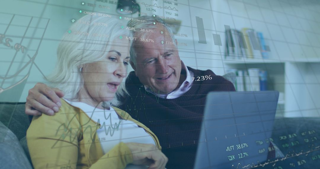 Senior Couple Analyzing Financial Data on Laptop with Digital Overlay