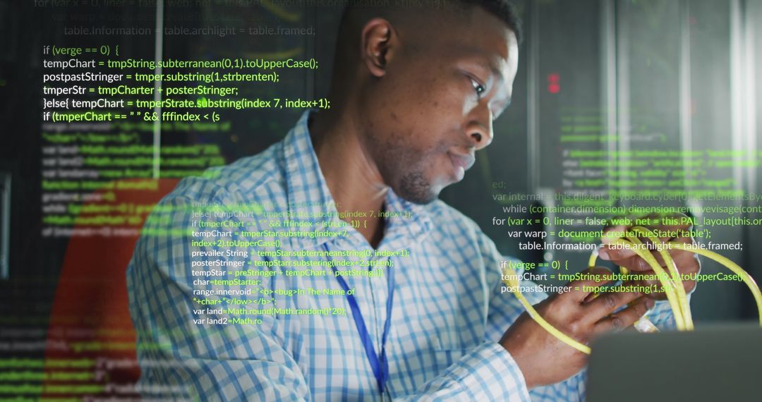 It engineer analyzing data on transparent display server room