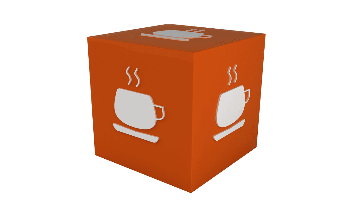 Orange Cube with Coffee Cup Symbol on Transparent Background