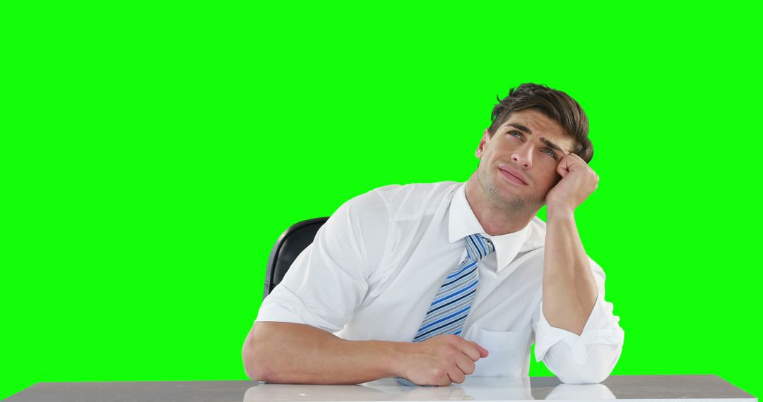 Businessman Thinking and Pondering at Desk with Green Screen Background - Free Images, Stock Photos and Pictures on Pikwizard.com