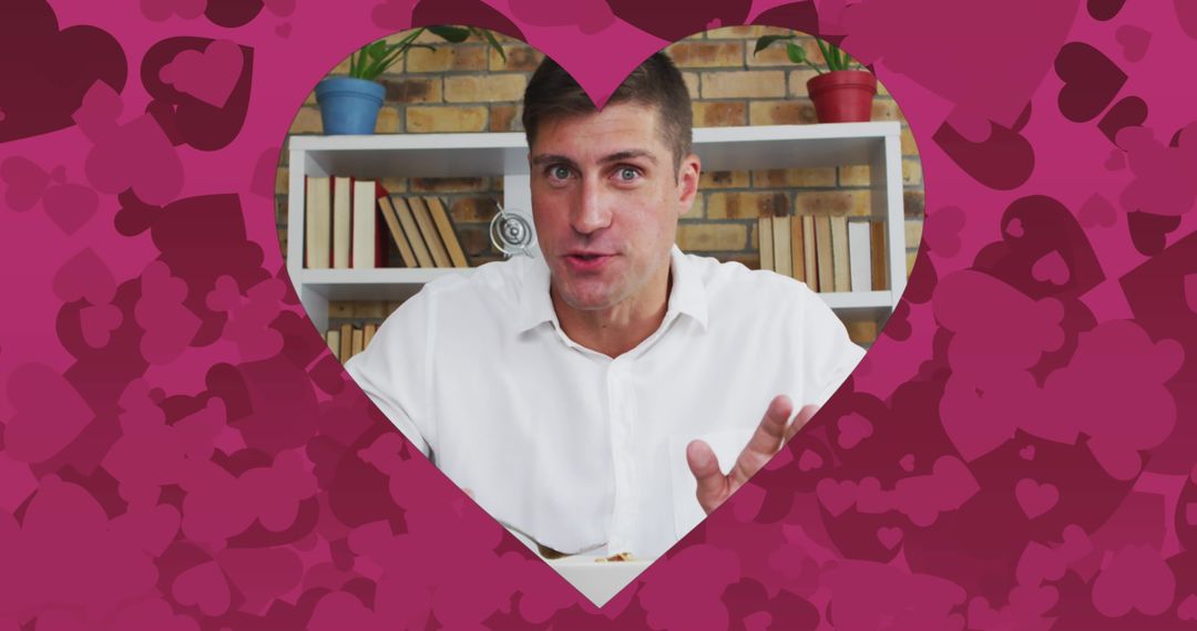 Caucasian Man Dining with Romantic Heart Frame on Valentine's Day